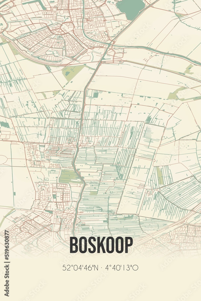 Boskoop, Zuid-Holland vintage street map. Retro Dutch city plan.