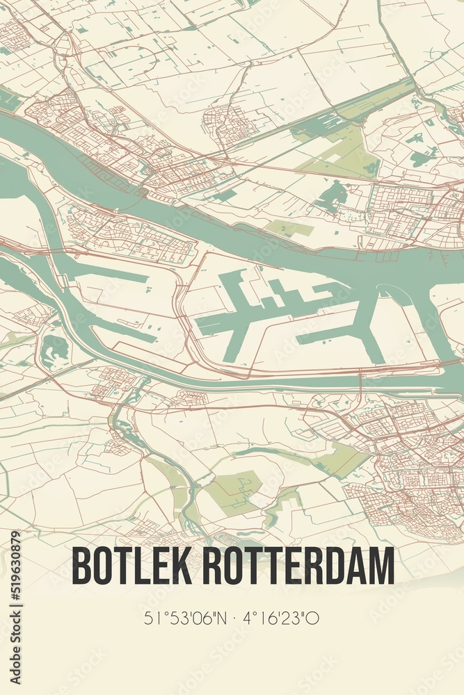 Obraz premium Botlek Rotterdam, Zuid-Holland, Randstad region vintage street map. Retro Dutch city plan.