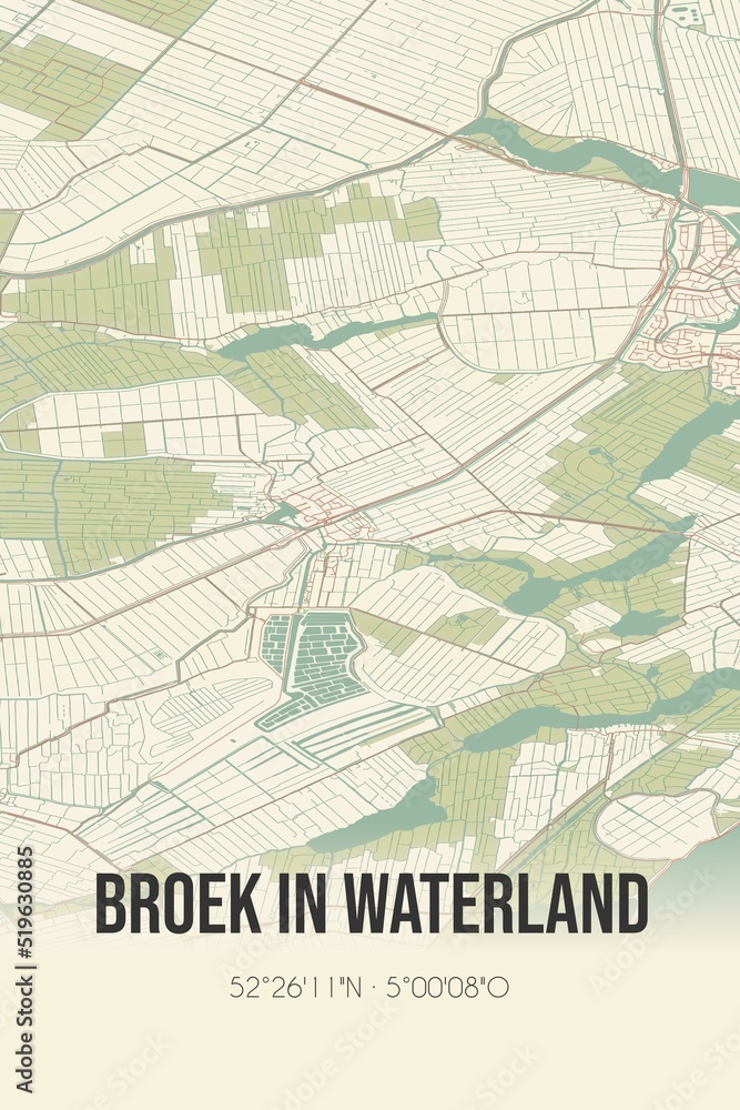 Obraz premium Broek in Waterland, Noord-Holland vintage street map. Retro Dutch city plan.