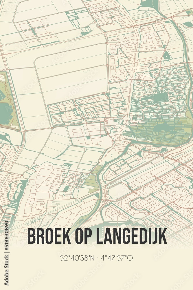 Obraz premium Broek op Langedijk, Noord-Holland vintage street map. Retro Dutch city plan.
