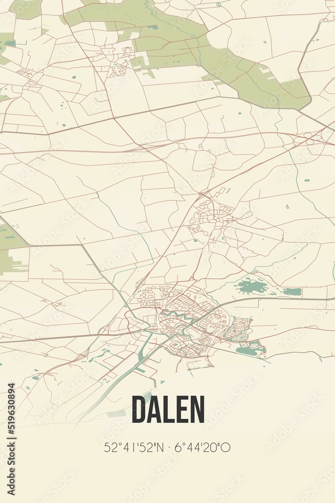 Dalen, Drenthe vintage street map. Retro Dutch city plan.