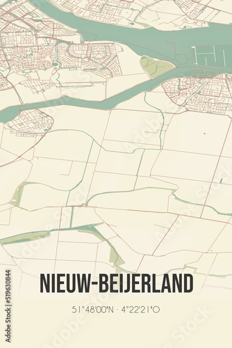 Nieuw-Beijerland  Zuid-Holland vintage street map. Retro Dutch city plan.
