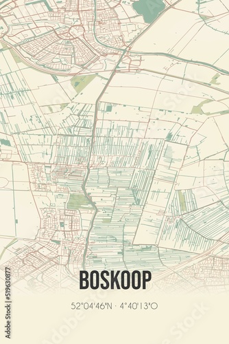 Boskoop  Zuid-Holland vintage street map. Retro Dutch city plan.