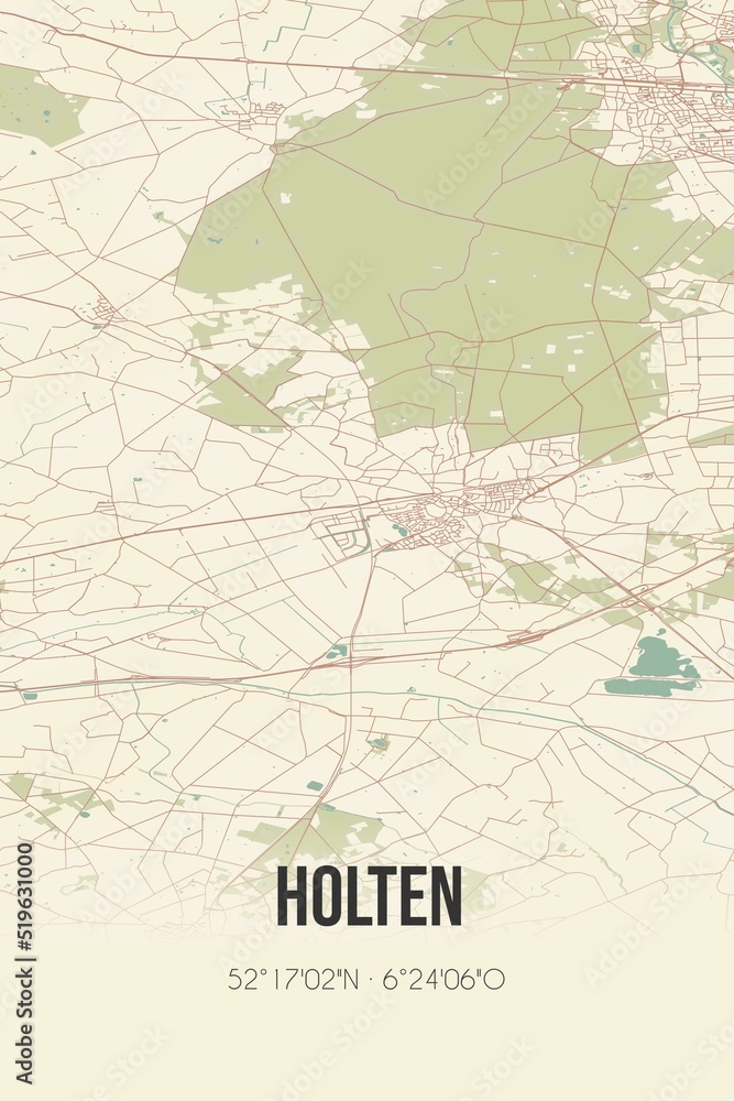 Holten, Overijssel, Twente region vintage street map. Retro Dutch city plan.