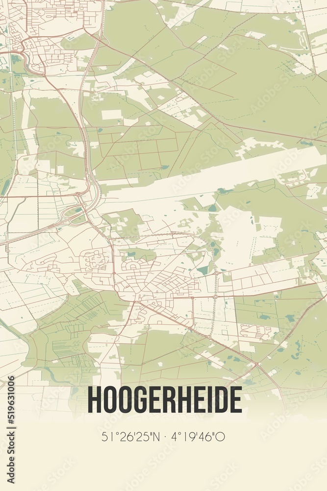 Hoogerheide, Noord-Brabant vintage street map. Retro Dutch city plan.