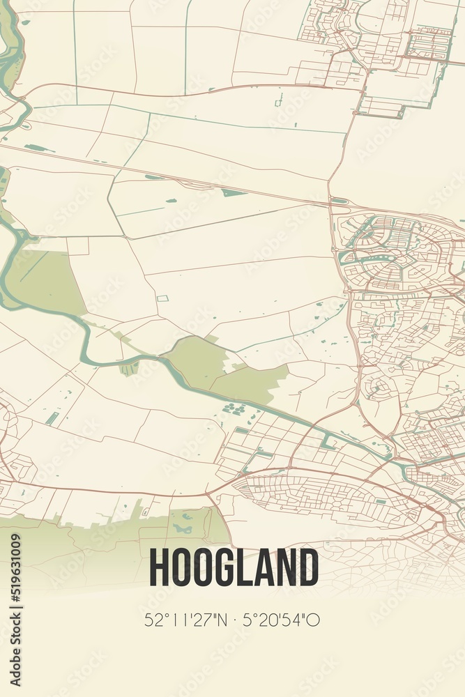 Hoogland, Utrecht vintage street map. Retro Dutch city plan.