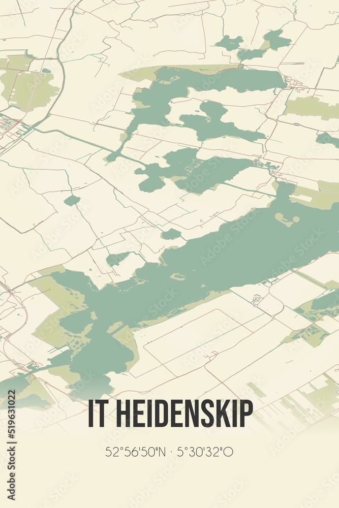 It Heidenskip, Fryslan vintage street map. Retro Dutch city plan.