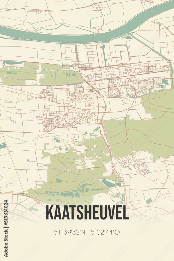 Kaatsheuvel, Noord-Brabant vintage street map. Retro Dutch city plan.