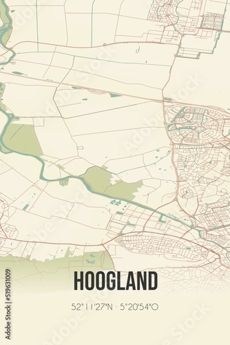 Hoogland  Utrecht vintage street map. Retro Dutch city plan.
