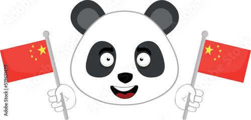 Vector illustration of the face of a cartoon panda bear with a cheerful expression and flags of china in his hands