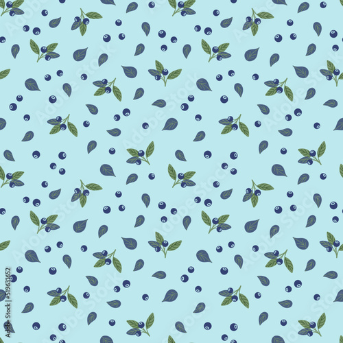 Blueberry vector seamless pattern. Flat style hand drawn illustration with leaves and berries. Cute design for wrapping paper, banner, fabric, textile, wallpaper. 
