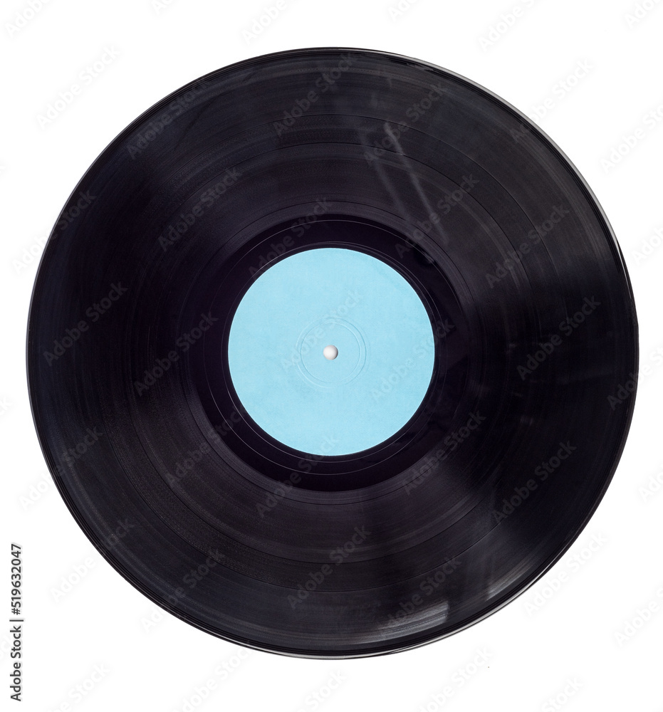 Top view of vintage vinyl record with blue label.