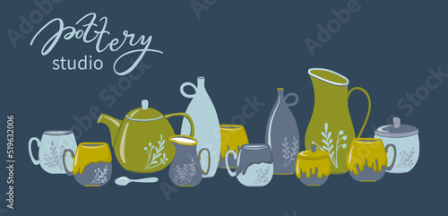 Pottery studio. Set of handmade earthenware. Hand drawn vector illustration for logo, design, ceramic studio, classes, workshop.