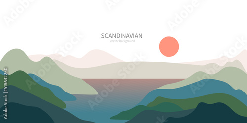 Abstract nature, sun, sea, sky, rock mountain landscape poster. Geometric landscape background in scandinavian style. Vector illustration of natural