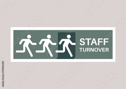 Staff turnover, HR concept stylized as an exit sign, employees leaving the company