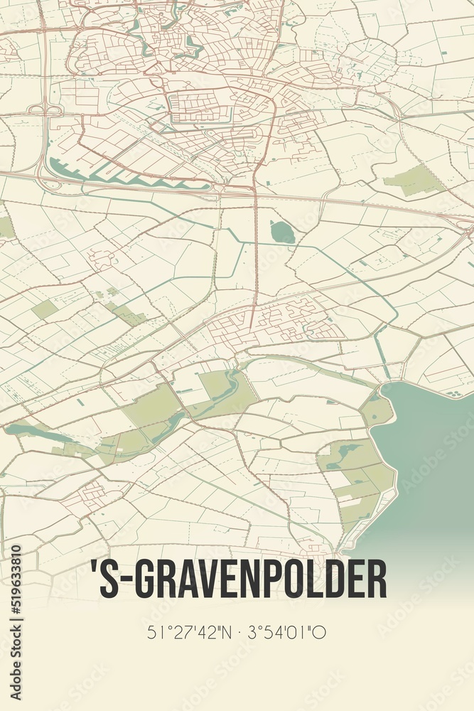 's-Gravenpolder, Zeeland vintage street map. Retro Dutch city plan.