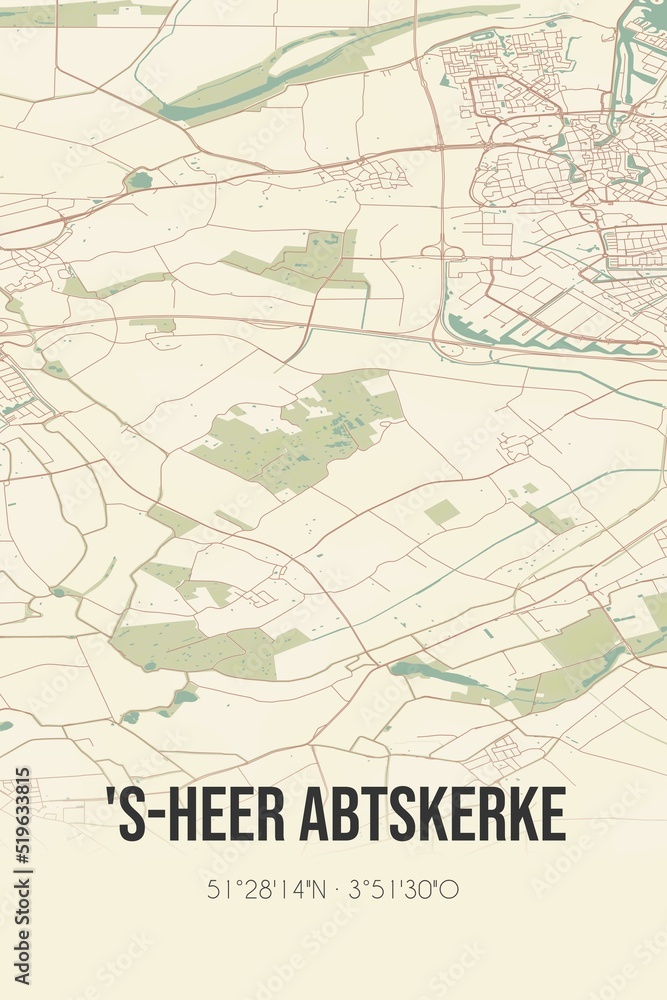 's-Heer Abtskerke, Zeeland vintage street map. Retro Dutch city plan.