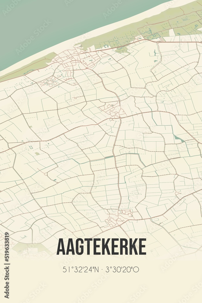 Obraz premium Aagtekerke, Zeeland vintage street map. Retro Dutch city plan.
