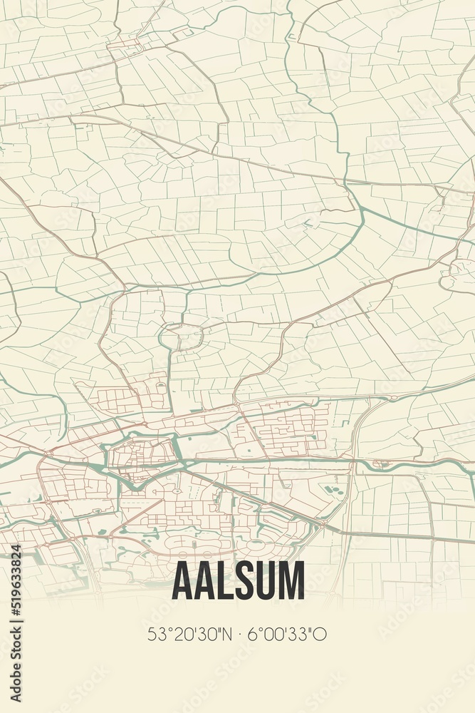 Aalsum, Fryslan vintage street map. Retro Dutch city plan.