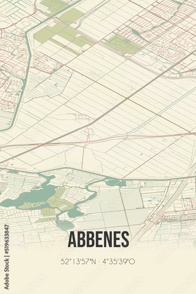 Abbenes, Noord-Holland, Schiphol region vintage street map. Retro Dutch city plan.