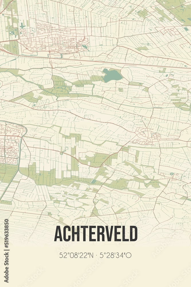 Achterveld, Utrecht vintage street map. Retro Dutch city plan.