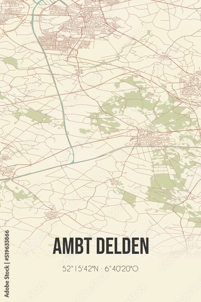 Ambt Delden, Overijssel, Twente region vintage street map. Retro Dutch city plan.