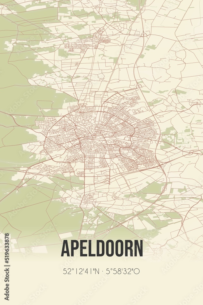 Apeldoorn, Gelderland, Veluwe region vintage street map. Retro Dutch city plan.