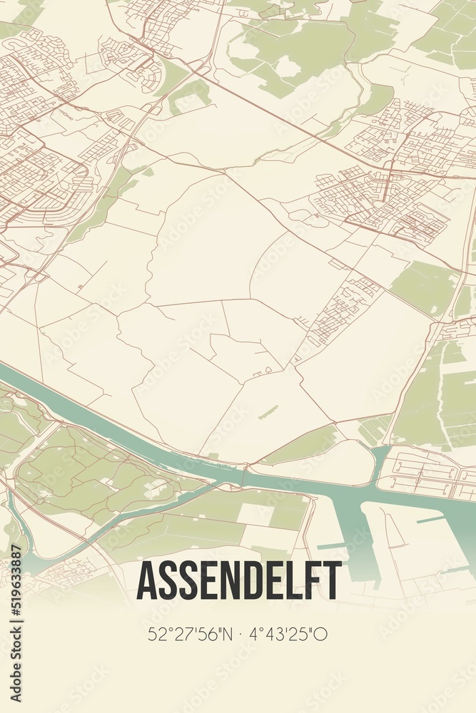 Assendelft, Noord-Holland, Randstad region vintage street map. Retro Dutch city plan.
