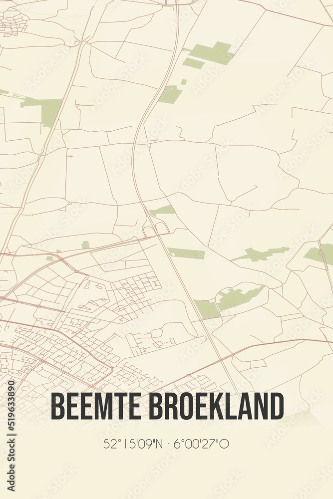 Beemte Broekland, Gelderland, Veluwe region vintage street map. Retro Dutch city plan.