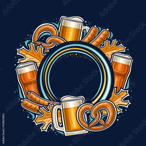Vector frame for Oktoberfest with copy space for advertising text, decorative poster with illustration of foam beer mug, oktoberfest pretzel, autumn leaves and grilled sausages on dark blue background