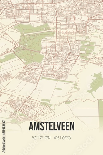 Amstelveen  Noord-Holland  Randstad region vintage street map. Retro Dutch city plan.