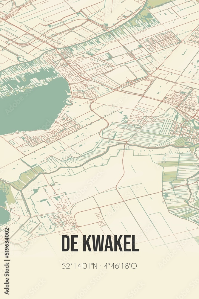 Fototapeta premium De Kwakel, Noord-Holland vintage street map. Retro Dutch city plan.