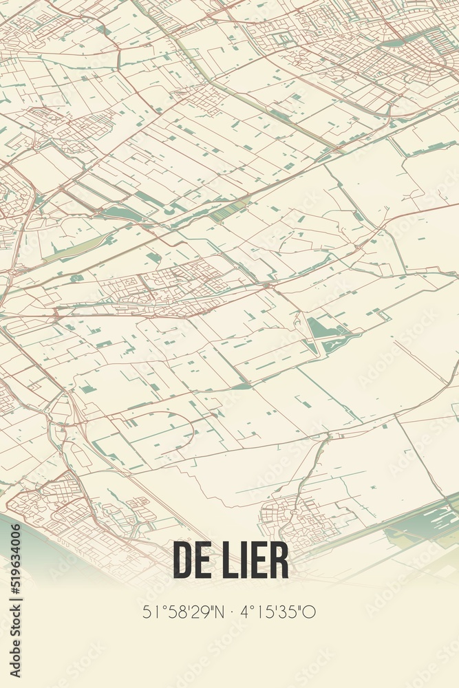 De Lier, Zuid-Holland vintage street map. Retro Dutch city plan.