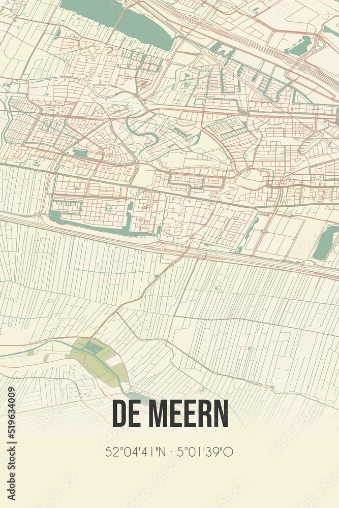 De Meern, Utrecht vintage street map. Retro Dutch city plan.