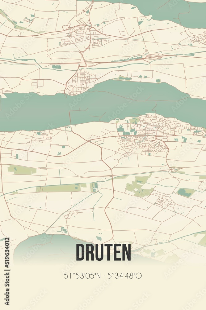 Druten, Gelderland, Rivierenland region vintage street map. Retro Dutch city plan.