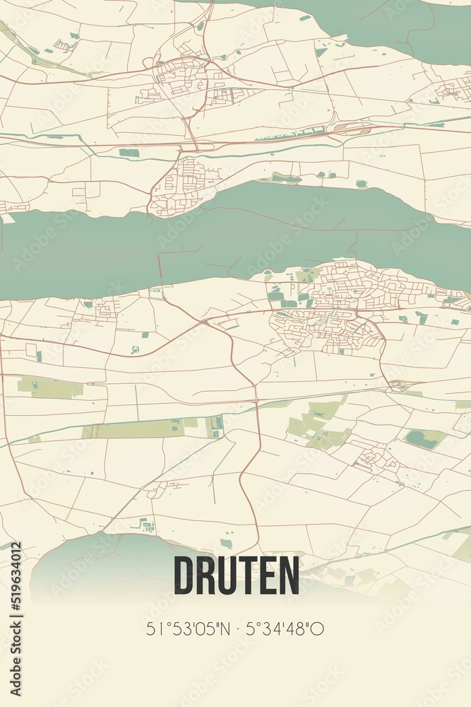 Obraz premium Druten, Gelderland, Rivierenland region vintage street map. Retro Dutch city plan.
