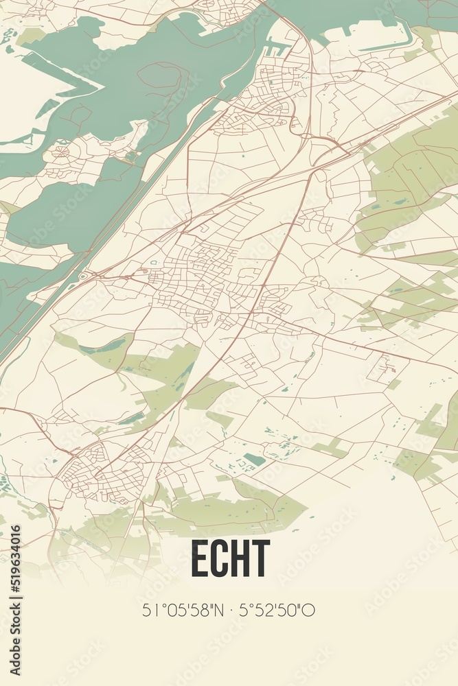 Echt, Limburg vintage street map. Retro Dutch city plan.