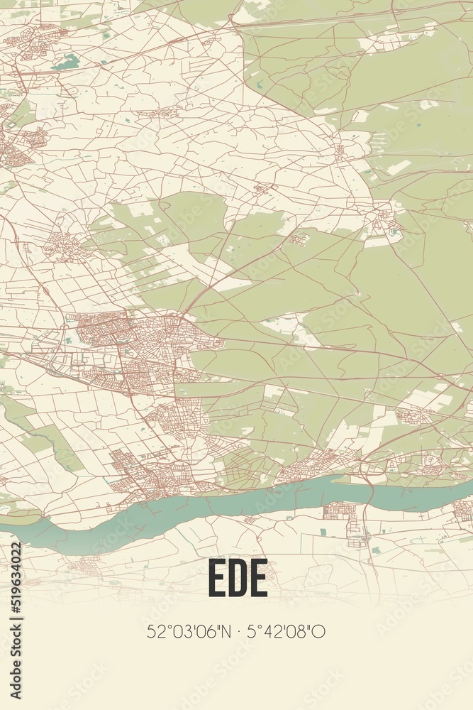 Ede, Gelderland, Veluwe region vintage street map. Retro Dutch city plan.