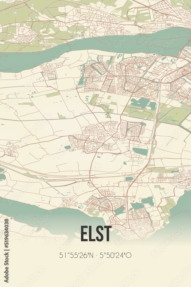 Elst, Gelderland, Betuwe region vintage street map. Retro Dutch city plan.