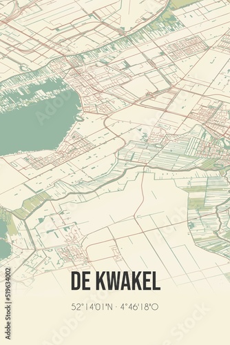 De Kwakel, Noord-Holland vintage street map. Retro Dutch city plan.