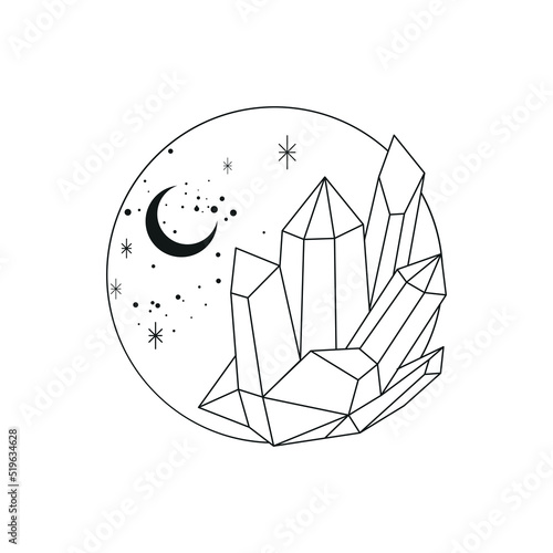 crystals and galaxy illustration - spiritual and mystical design - esoteric symbols