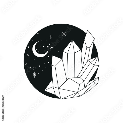 crystals and galaxy illustration - spiritual and mystical design - esoteric symbols