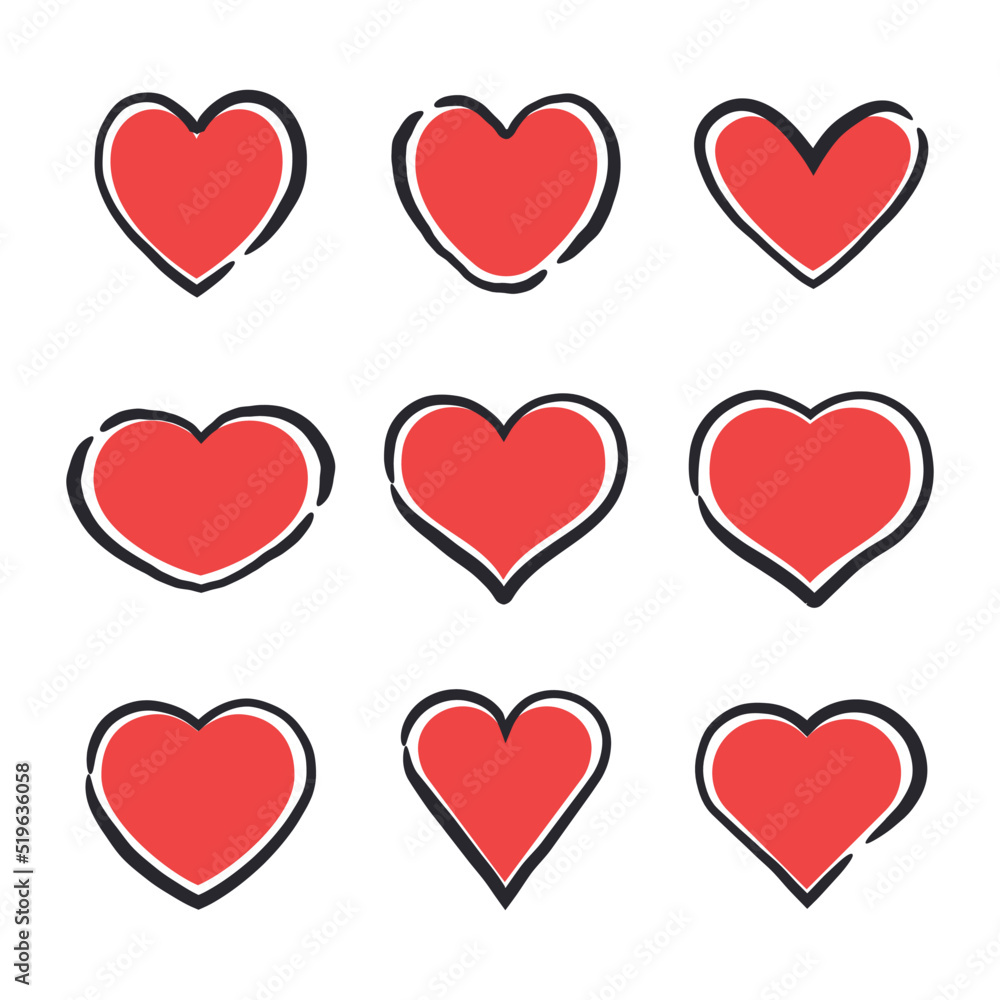 Hand drawn heart icons. Heart doodle collection for valentine's day. Wedding and love decoration elements. Hand drawn heart icons. Heart doodle collection for valentine's day. Wedding and love decoration elements.
