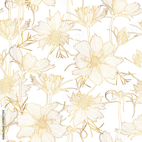 Seamless flower pattern background with golden line Cosmos flower and leaf drawing illustration.