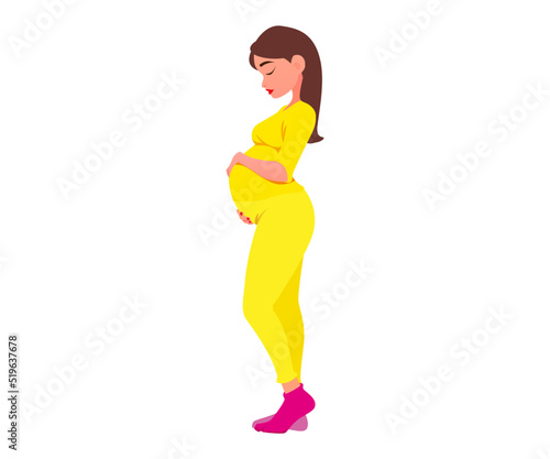 pregnant woman in a yellow suit with a big belly
