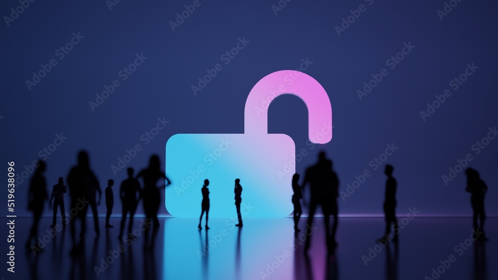 3d rendering people in front of symbol of lock open on background