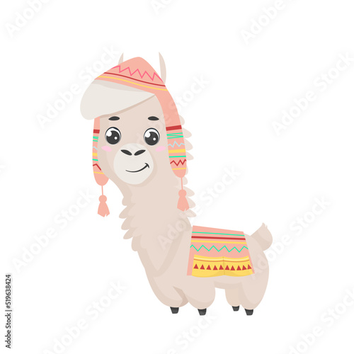 Cute cartoon Alpaca in hat and blanket. Funny smiling animals for child's room design, T-shirt, greeting card, poster template print