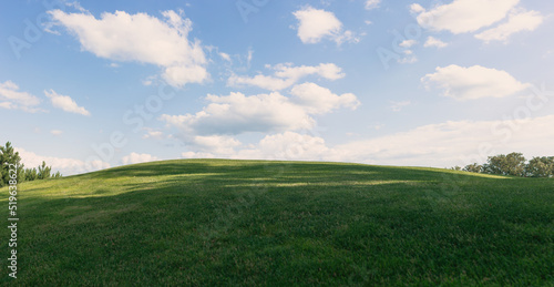 Green hills and blue sky. landscape with cloudy weather. sunny day.