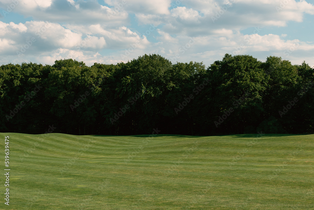 Beautiful sunny summer landscape with a green golf course 