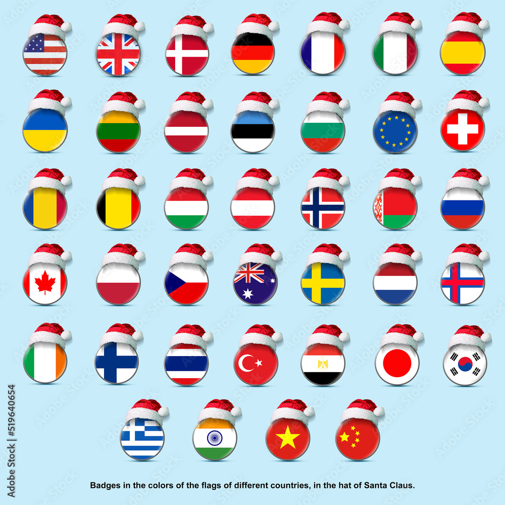 Set of badges in the colors of the flags of different countries, in the Hat of Santa Claus. Isolated. Holidays. Design element for the New Year holidays. Set of badges in the colors of the flags of different countries, in the Hat of Santa Claus. Isolated. Holidays. Design element for the New Year holidays.